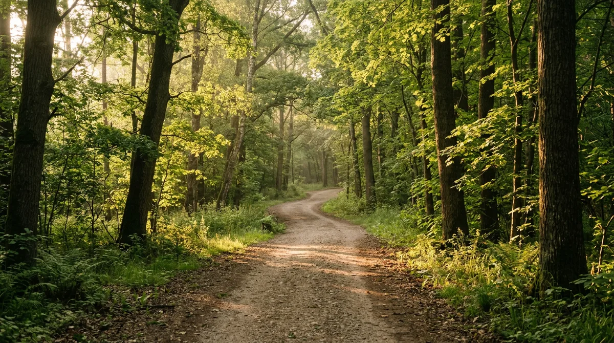 Утренняя дорожка в парке между деревьями